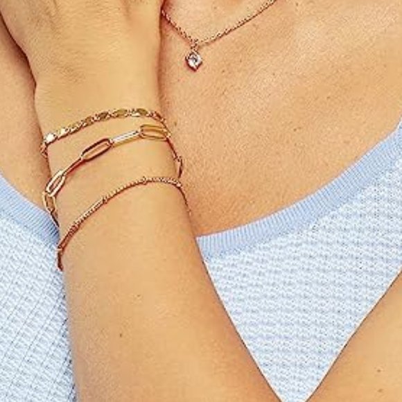 14K Gold Plated Stackable Layering‎ Bracelets Set Link Chain Minimalist Jewelry - Picture 2 of 4